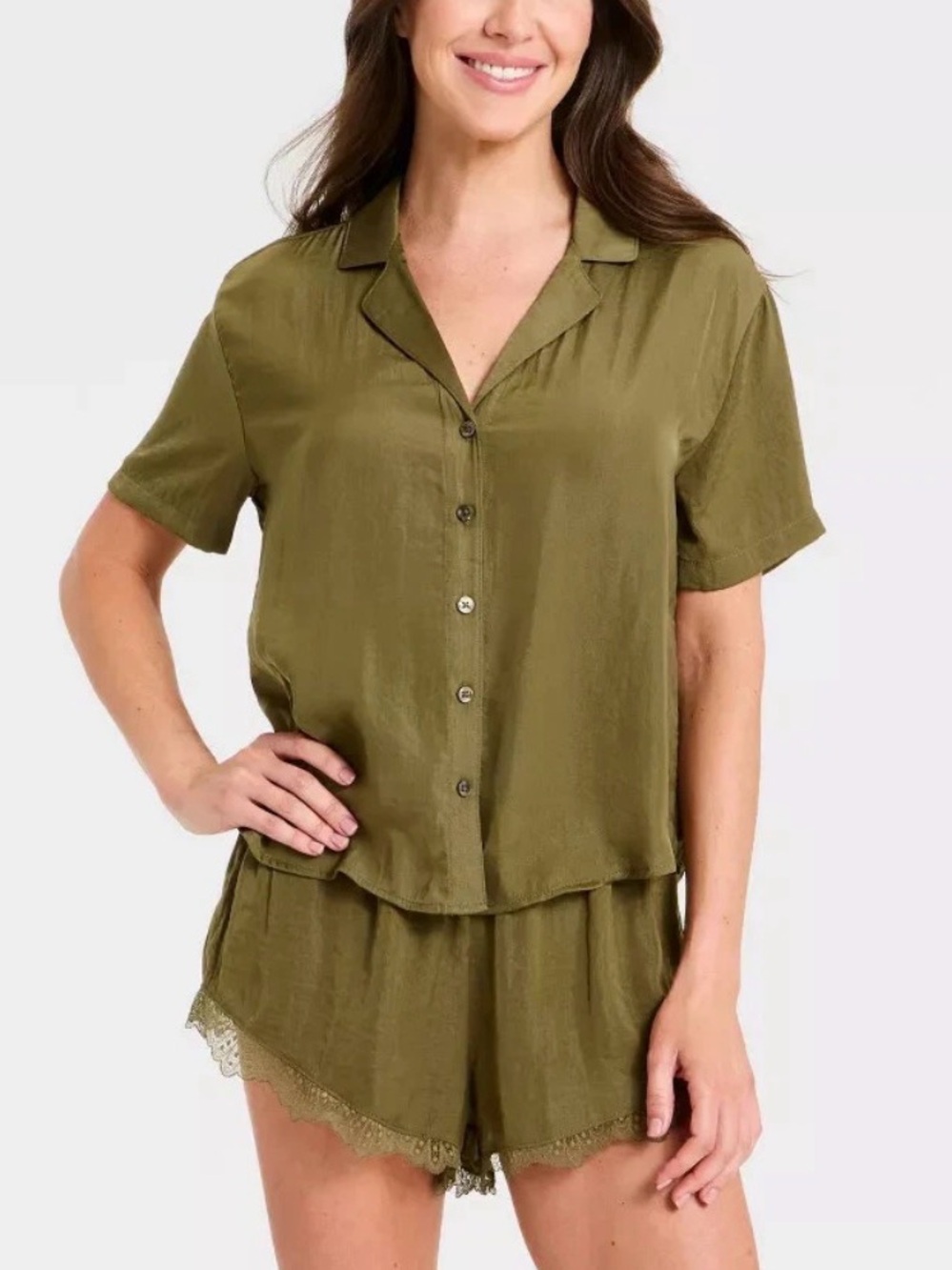Auden Olive Green Short-Sleeve Button Pajama Top & Short Set